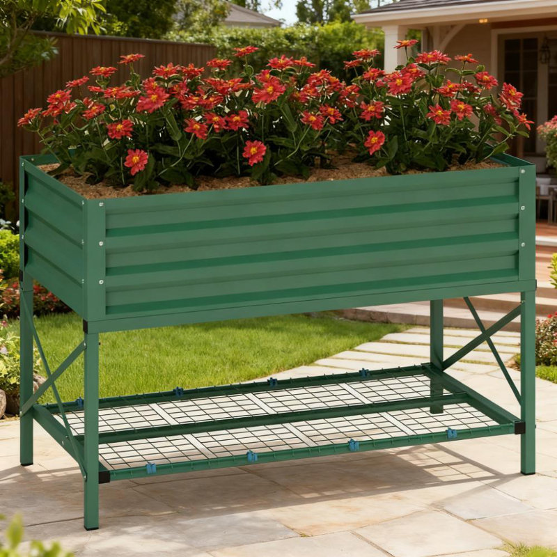 Spacious Gardening Bed,Metal Planter Box,Galvanized Raised Garden Bed,with Legs,Storage Shelf and Bed Liner, Green