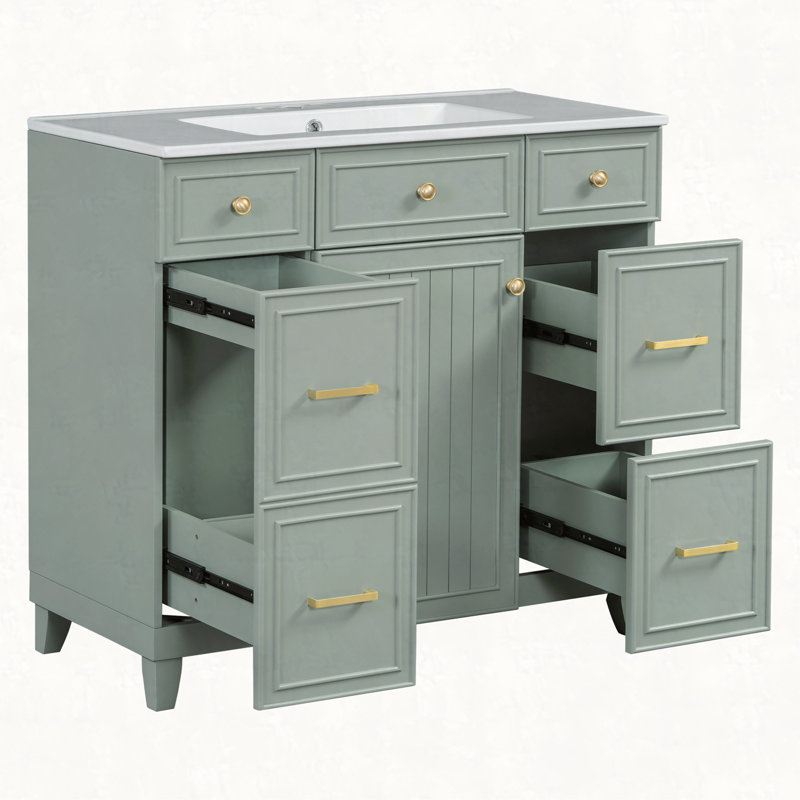 Meuble-lavabo 36 po avec lavabo en céramique, structure en bois massif, portes à fermeture douce, tablettes réglables, 3 tiroirs, y compris un tiroir à double profondeur pour le rangement du sèche-cheveux