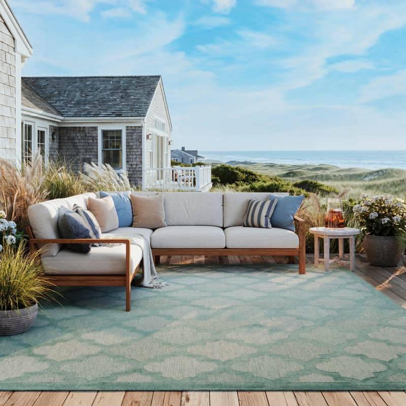 Adianey Red Barrel Studio Easy Care Trellis Aqua/Teal Blue Indoor/Outdoor Area Rug, Rectangle 7' x 10'