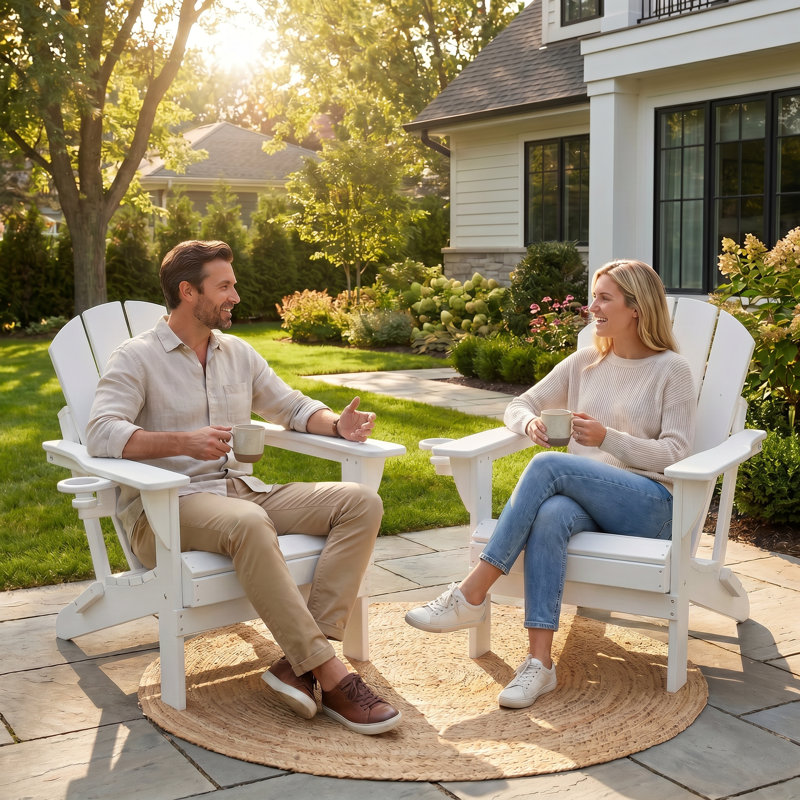 Outdoor Adirondack Chair Set Weather-Resistant HDPE Foldable Patio Chair Fire Pit Chair with Cup Holder, White