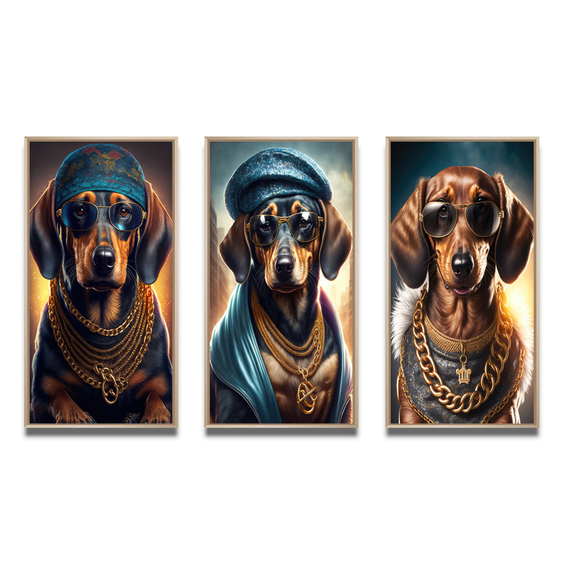«Dachshund Gangster In NYC», 3 pièces sur toile, Naturel, H 28 po x l 36 po