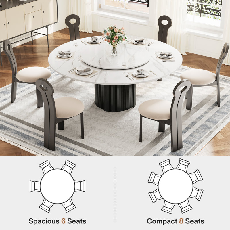 Round 59.06'' Modern Round Dining Table with Lazy Susan, White Glossy Sintered Stone Tabletop for 6-8