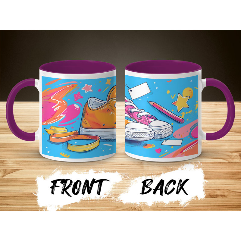 Kids Drawing Style 11oz Accent Mugs – Ceramic Coffee Cup with a Purple Handle and Interior