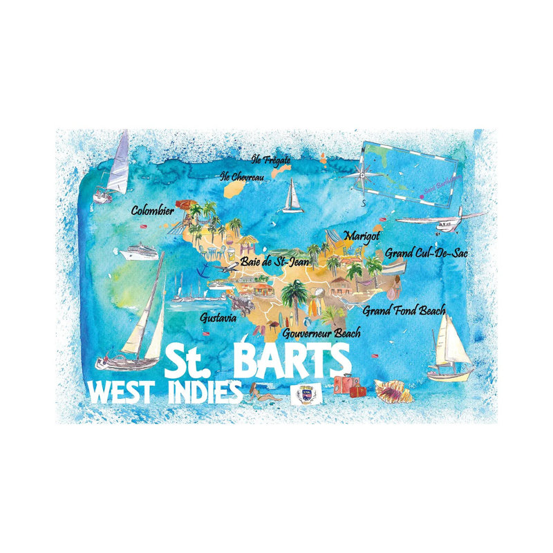 St Barts Antilles Illustrated Caribbean Map with Highlights of West Indies Island Dream by Markus & Martina Bleichner - Wrapped Canvas Art Prints 1 Piece Wrapped Canvas Wall Art
