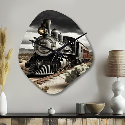 Train On The Track I - Black Asymmetrical Metal Clock, Modern Unique Shape Metal Clock Print