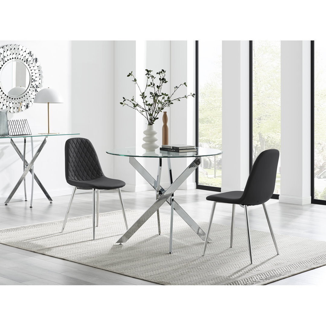 Tierra Modern Chrome Metal & Glass Round Dining Table Set with 2 Luxury Faux Leather Chairs