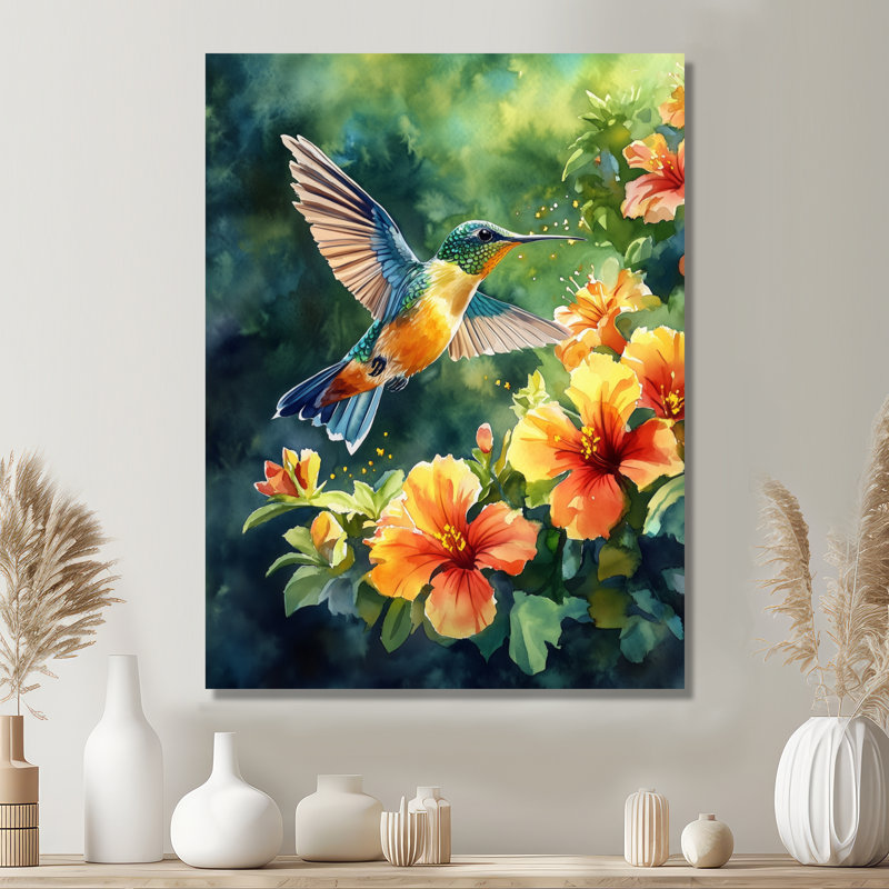 Hibiscus, art mural colibri, Dicleville, H 32 po x l 16 po, Toile tendue