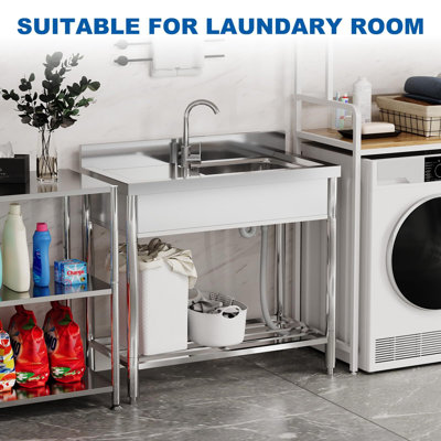 Free Standing Kitchen Sink Stainless Steel, With 360°Rotating Faucet, Hot And Cold Water Pipes, Storage Rack