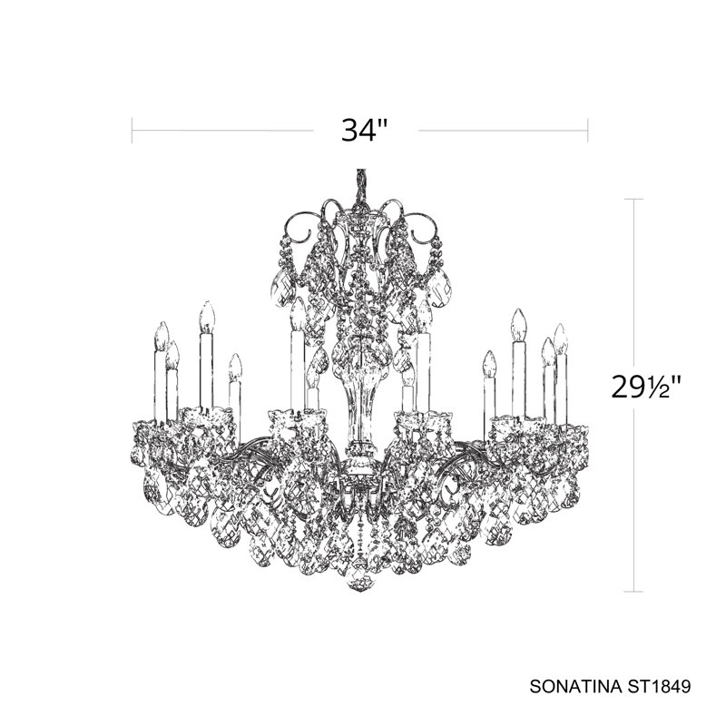 Sonatina 12 Light 34in x 29.5in Chandelier in Polished Gold with Clear Heritage Handcut Crystals, Polished Gold