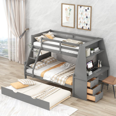 Lit superposé simple au dessus d'un lit double avec lit gigogne, bureau intégré, 3 tiroirs de rangement et tablette, gris - Lit superposé pour enfant peu encombrant