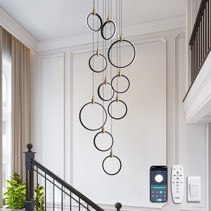 Modern 10-Ring LED Dimmable Geometric Chandelier, Black and Gold Foyer Light for High Ceilings with Remote & App Control