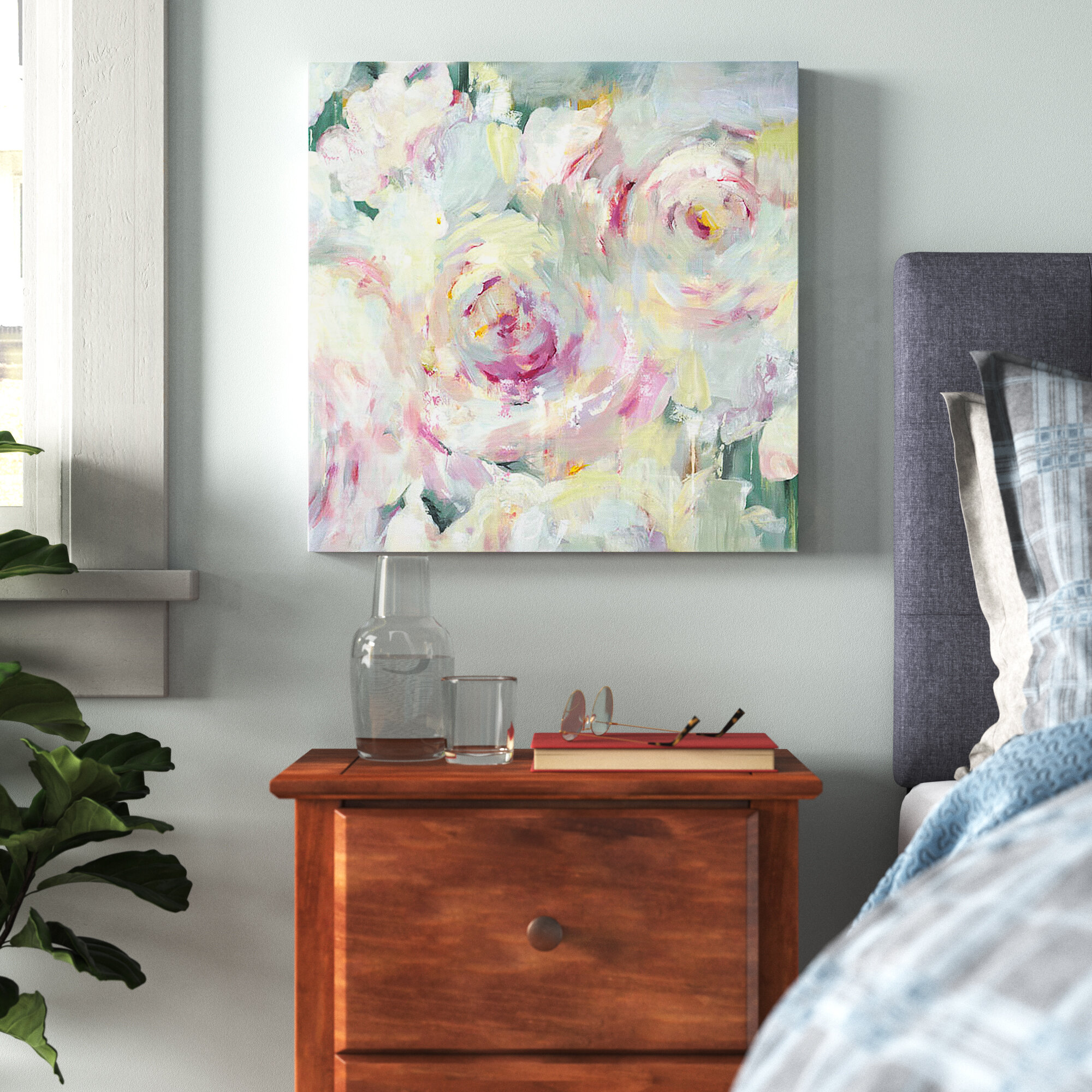 Blue Jay on Bouquet of Pink Flowers - Traditional Framed Canvas Wall Art Set of 3 One Allium Way Frame Color: Gold, Size: 20 H x 36 W x 1 D