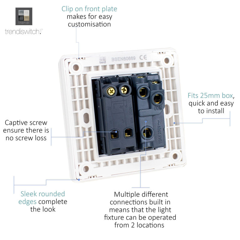 Trendi Switch 2 Gang Rocker Light Switch (1x 1 or 2 way & 1x Intermediate), Piano Black