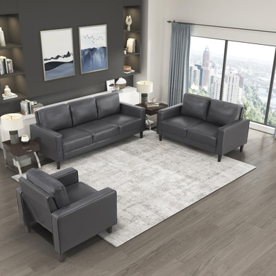 Eric Mid Century Faux Leather 3-Piece Living Room Set with Exposed Tapered Legs, Pocket Coils & Durable Frame