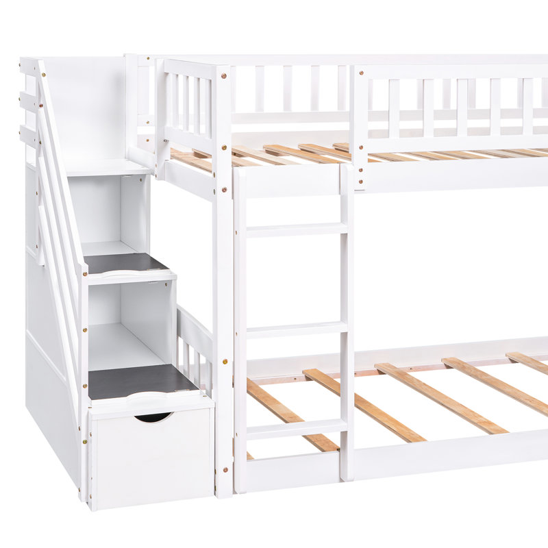 Lit superposé avec escalier de rangement et glissade, Blanc, Twin Over Twin