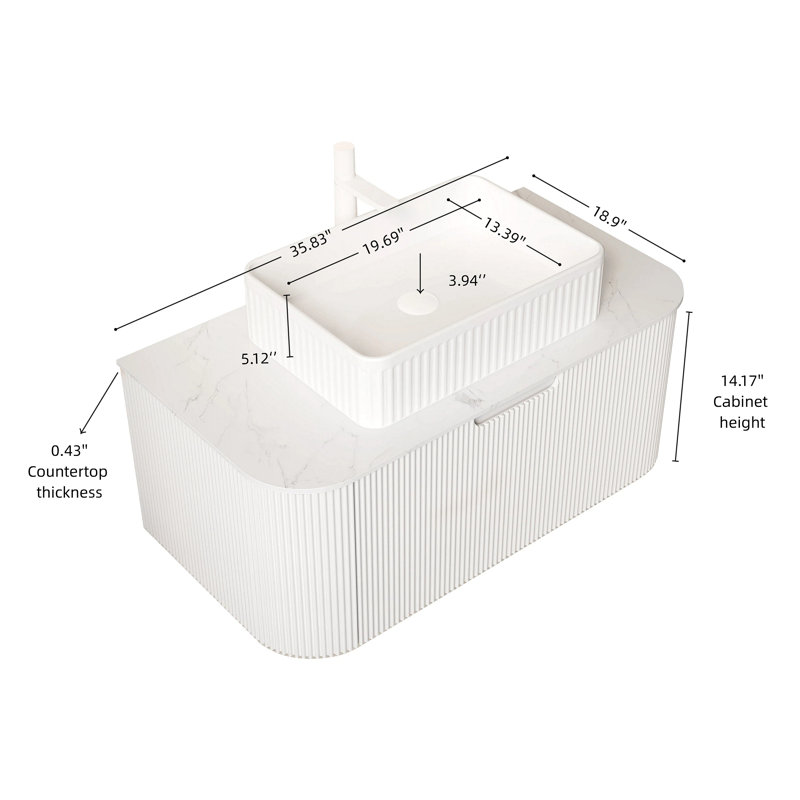 Meuble-lavabo de 36 po, lavabo à rebords flottants courbés et contreplaqué rayé avec tiroir rectangulaire en céramique et plateau en pierre frittée, pré-assemblé
