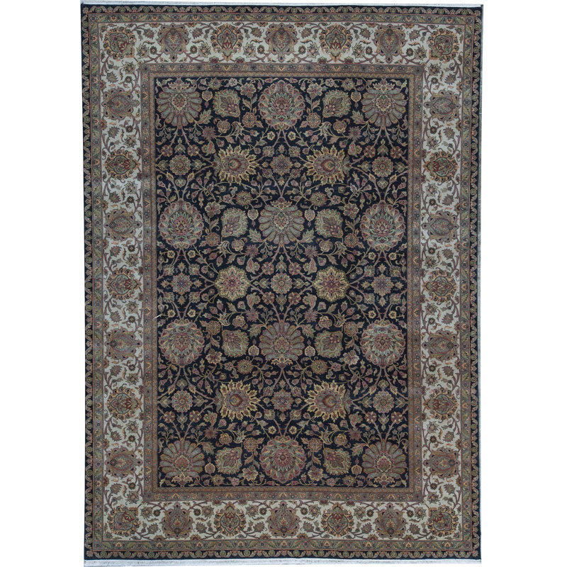 Tapis noir et ivoire de haute qualité noué à la main