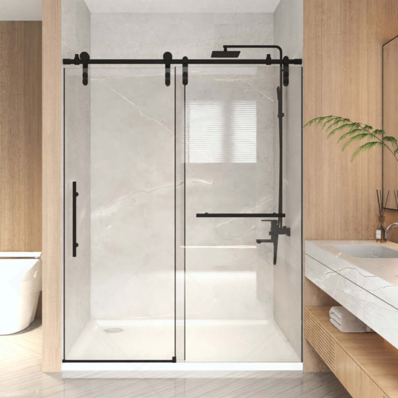 Porte de douche coulissante sans cadre, verre trempé transparent de 5/16 po (8 mm), cadre en acier inoxydable, Noir mat