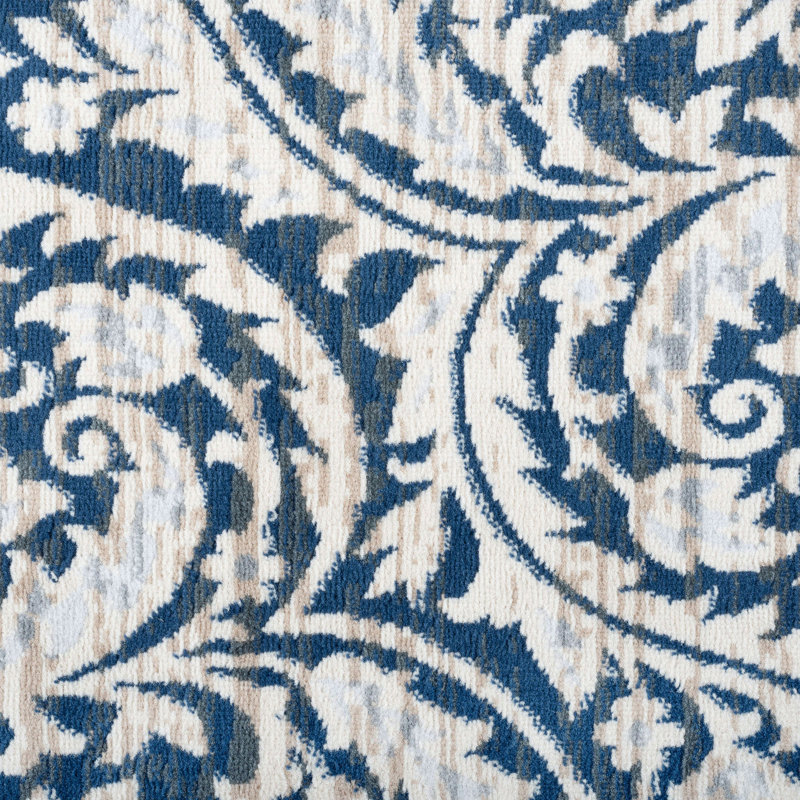 Tapis damassé bleu foncé Dania, Tapis de couloir 2 pi 3 po x 10 pi