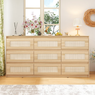 9-Drawer Dresser With Rattan Drawer Panel