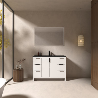 Meuble-lavabo simple 48 po avec plateau en résine noir mat, 6 tiroirs, 2 portes Modern