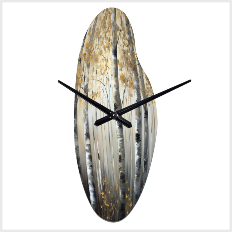 Birch Tree Forest Wonderland V - Horloge murale incurvée en métal, horloge murale asymétrique grise, Grand