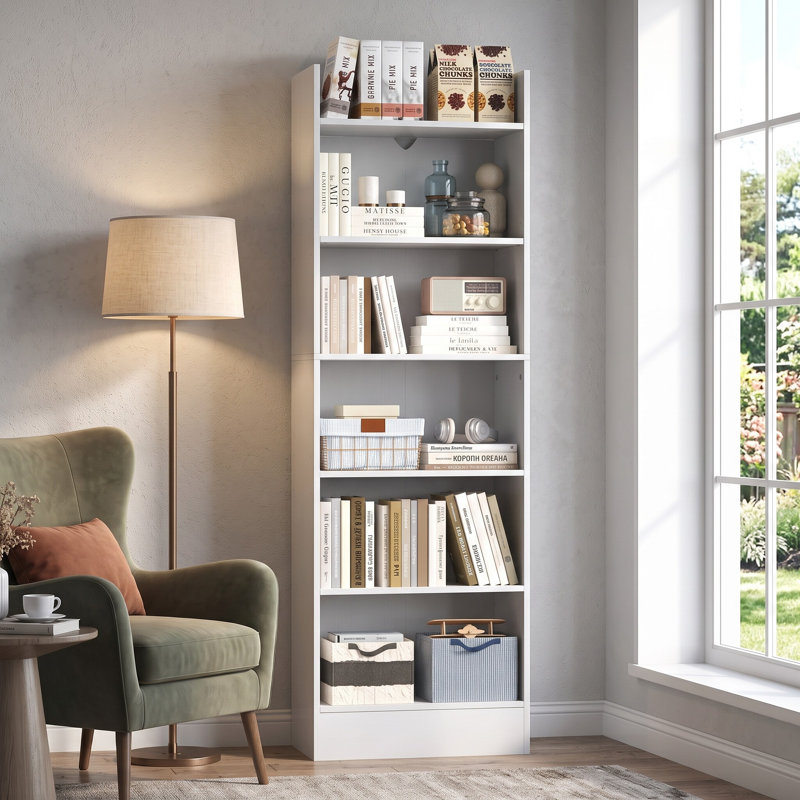 Bibliothèque à 6 niveaux avec tablettes réglables (3 hauteurs). L 18,9 po x P 9,5 po x H 66,9 po. Peut contenir 20 lb / tablette, 120 au total. Cadre en H et ancrage mural. Assemblage facile.