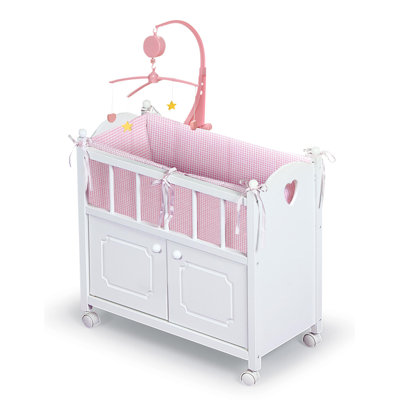 Cabinet Doll Crib with Gingham Bedding and Free Personalization Kit - White/Pink