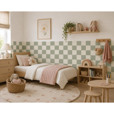 72-Inch Wide Terracotta Clay and Cream Checkered Half-Wall Decal, 48-Inch High