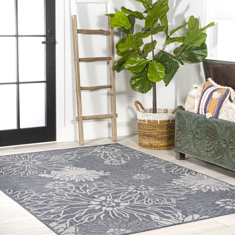 Jarien Modern All-Over Floral Navy/Gray Indoor/Outdoor Rug, Rectangle 7'10" x 10'