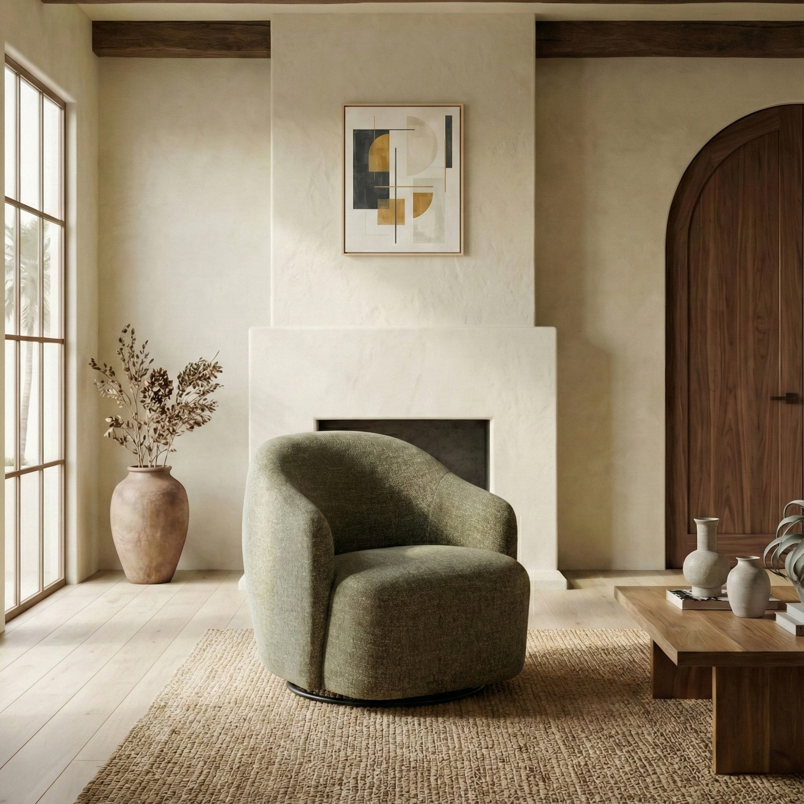 Servando Swivel Barrel Chair, Olive Green