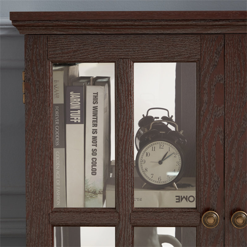 Retro Antique LED Curio Display Cabinet With Adjustable Shelves And Lattice Doors, Cherry