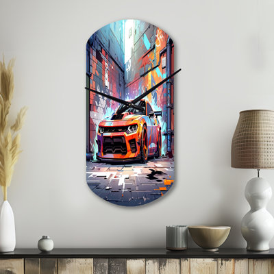 Horloge murale Seodat Graffiti Muscle Car III - Orange asymétrique en métal, horloge cylindrique moderne