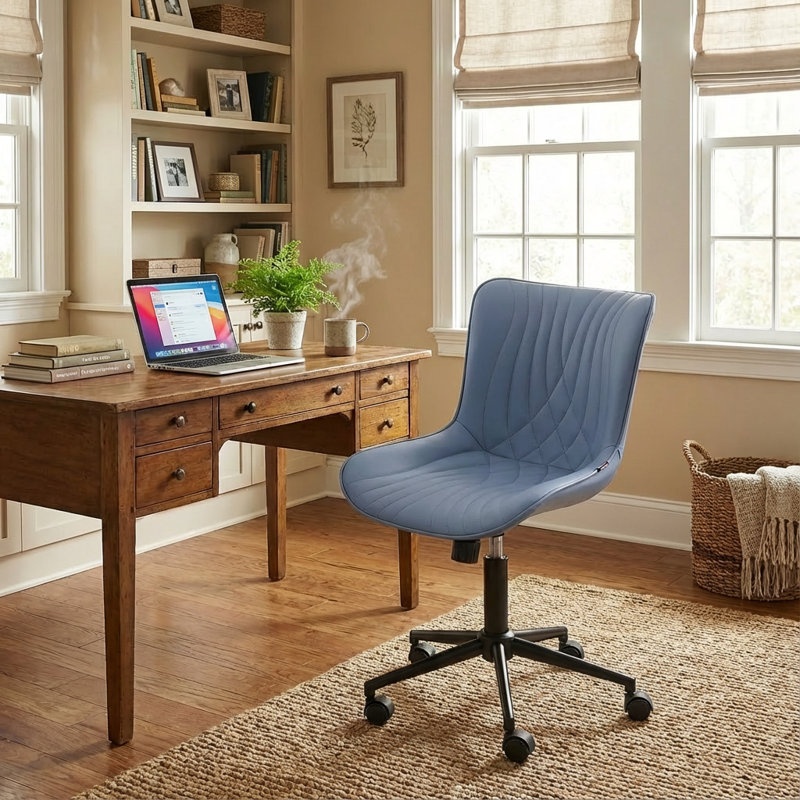 Brionni Upholstered Task Chair Swivel Executive Chair Faux Leather Home Office Chair with Wheels, Blue Seat/ Black Frame