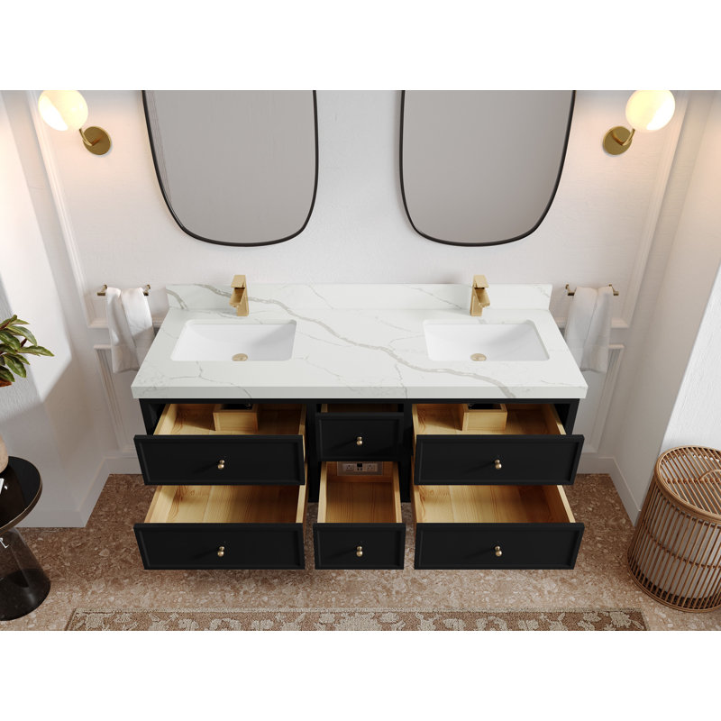 Meuble-lavabo double flottant 60 po avec dessus Roswell, Calacatta Laza