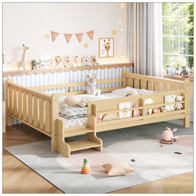Grand lit au sol avec bibliothèques de rangement, lit en bois massif pour enfants avec de jolis escaliers et garde-corps, aucun sommier nécessaire, naturel clair