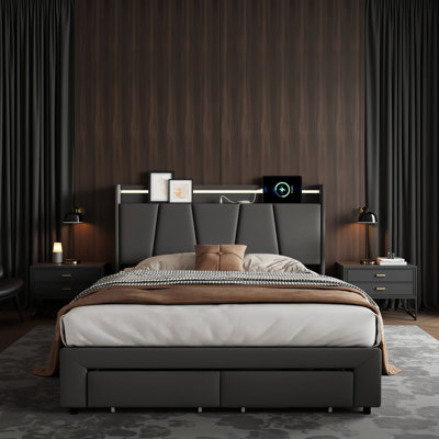 Upholstered Ottoman Bed With 2 Drawers, Storage Frame With LED Headboard & USB Ports, Dark Grey Linen