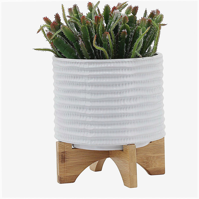 8" TEXTURED PLANTER W/ STAND, WHITE