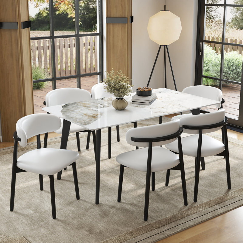 Juvan Modern 7-Piece Rectangular Marble Dining Table Set With 6 Faux Leather Chair, Pandora, White/Black