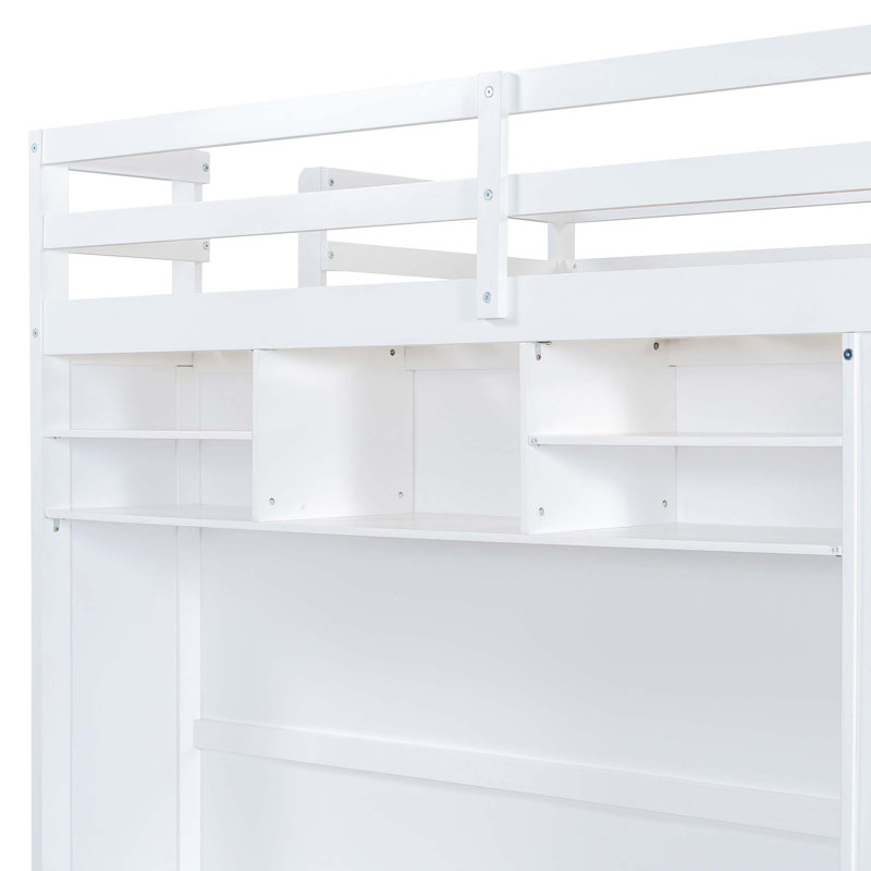Lit mezzanine double avec tiroirs, tablettes et lumière, Blanc