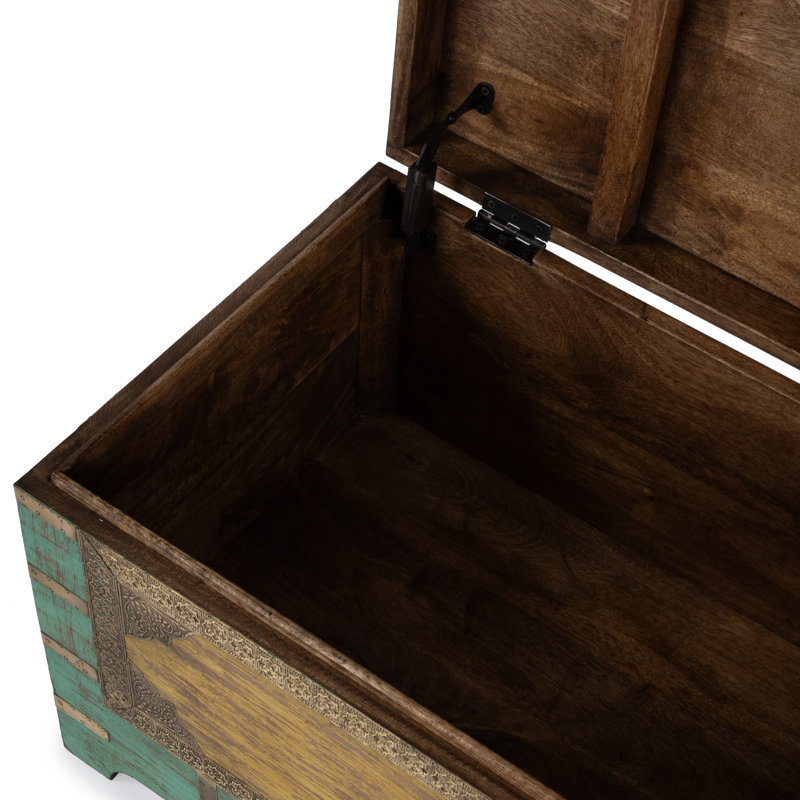 Nador Hand-Painted Brass Inlay Storage Trunk Coffee Table, Green/ Gold