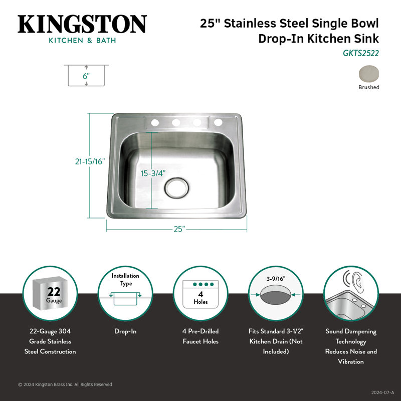 Kingston Brass Studio 25-Inch Stainless Steel Self-Rimming 4-Hole Single Bowl Drop-In Kitchen Sink