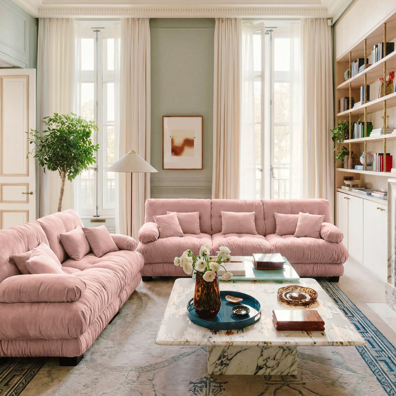 Ensemble de salon rembourré en chenille à 5 places avec canapé 3 places et causeuse Robson, Rose