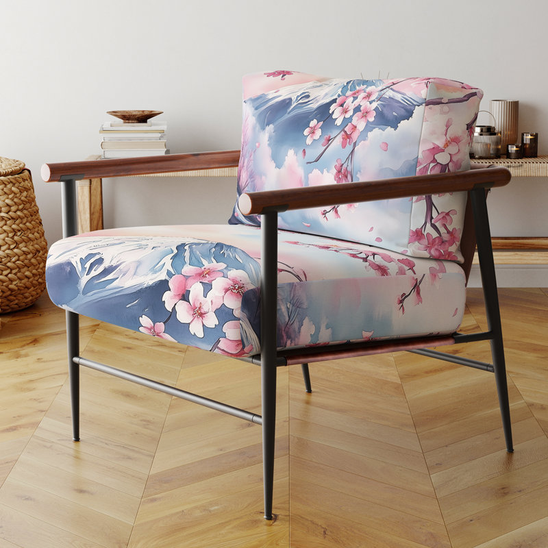 Chaise d'appoint Lake Mountains - Mont Fuji avec accoudoirs en cerisier en fleurs, Bras ronds bruns