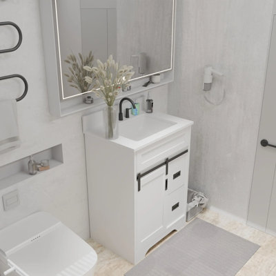24 Inch Single Bathroom Vanity with Sink, Farmhouse vanity with Ceramic Top & Sliding Barn Door, 2 Drawers, White