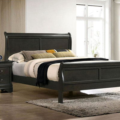 Lit double pleine grandeur, couleur grise, structure en bois massif, taille,