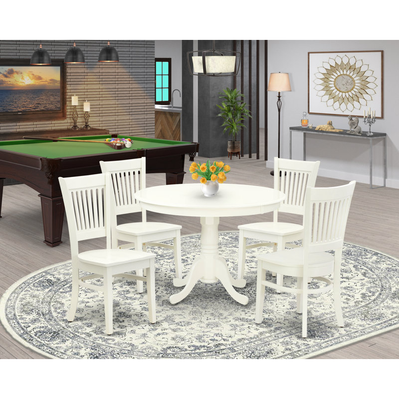 3 Piece Kitchen Table & Chairs Set Contains a Round Dining Table with Pedestal and 2 Linen Fabric Dining Room Chairs, Linen White