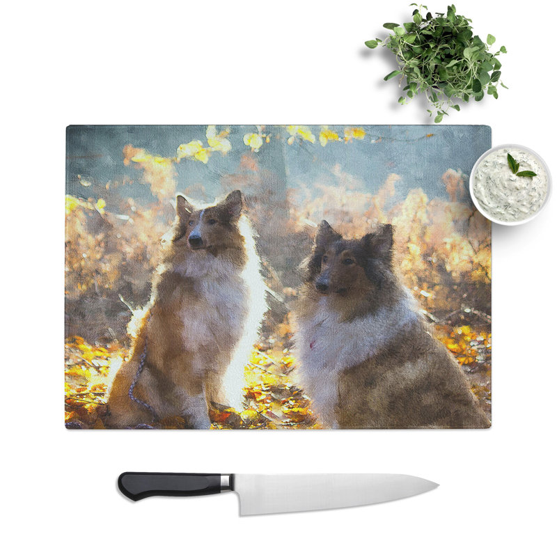 Two Rough Collie Dogs Painting Chopping Board, 0.4cm H x 20cm W x 28.5cm L