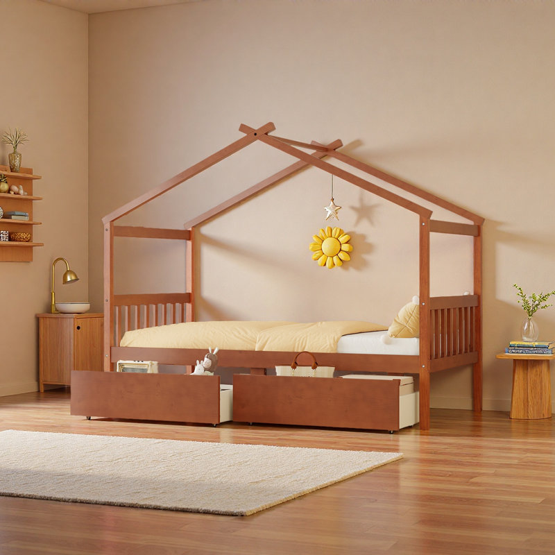 Lit simple en bois avec tiroirs, Noyer