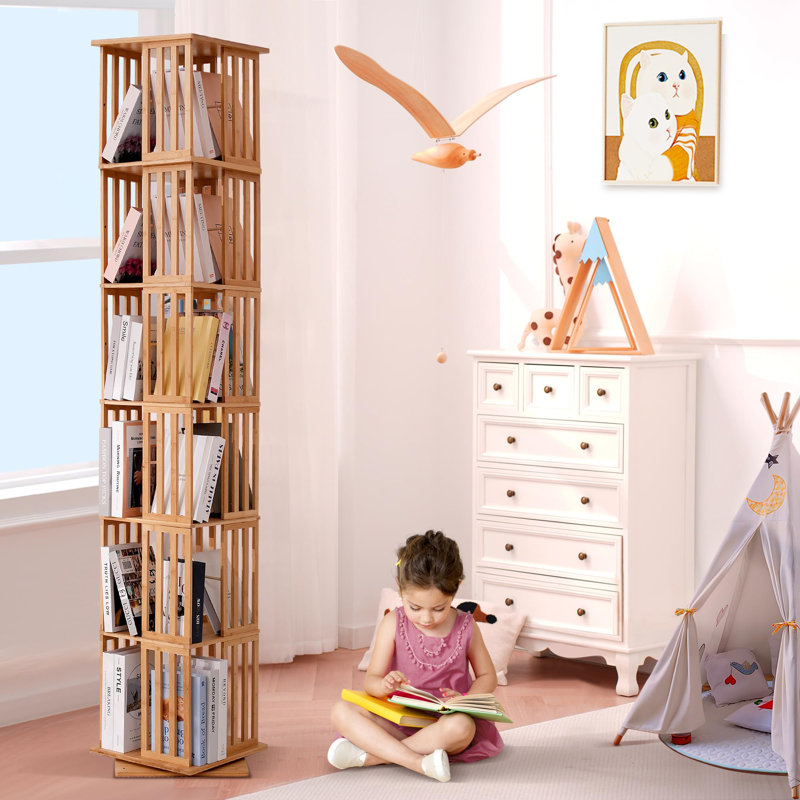 Bibliothèque rotative à 360 ° en bambou avec séparateurs croisés pour anti-basculement, organisateur de grande capacité, base stable pour le salon / bureau / bureau (pré-assemblé pour un assemblage facile)